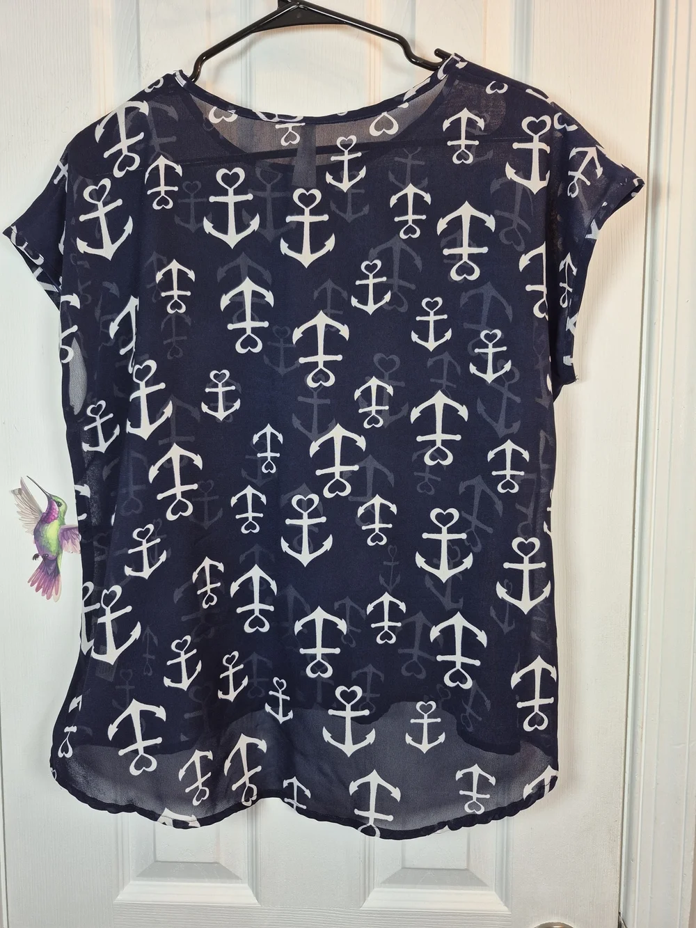 ​Navy White Anchor Heart Print Short Sleeve Nautical Beach Blouse Large